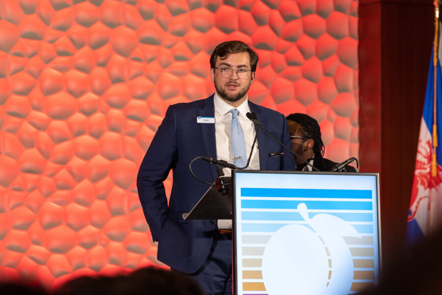 Jack Corby, Elon '22, speaks during the Awards Luncheon at the 183rd General Convention in Atlanta.