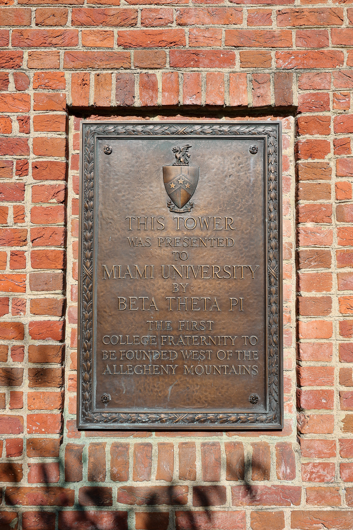 Centenary Plaque, acknowledging Beta's gift of the Campanile to Miami University in 1939.
